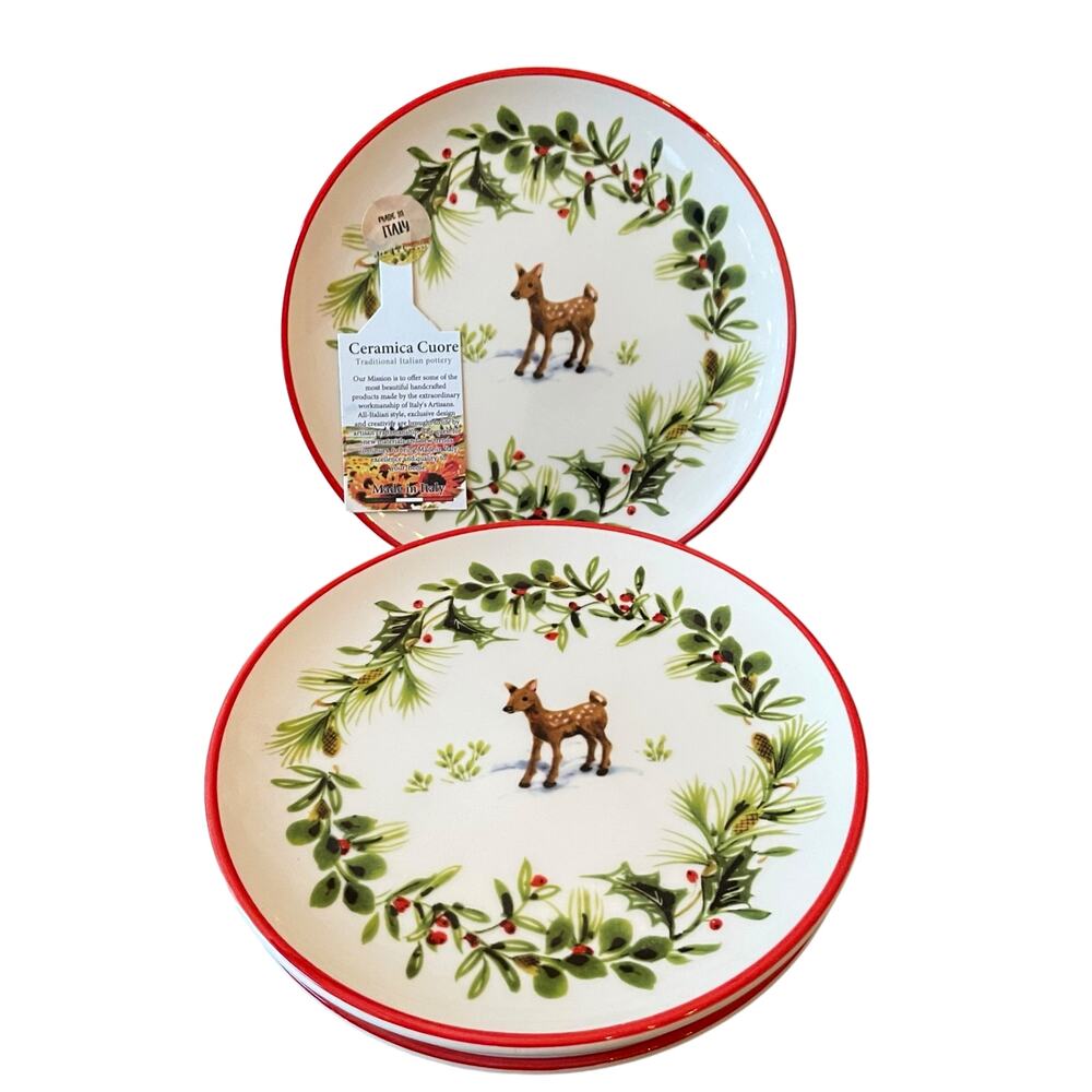 Ceramica Cuore Christmas Ceramic Appetizer Plates 8in Made in Italy Set of 4 New